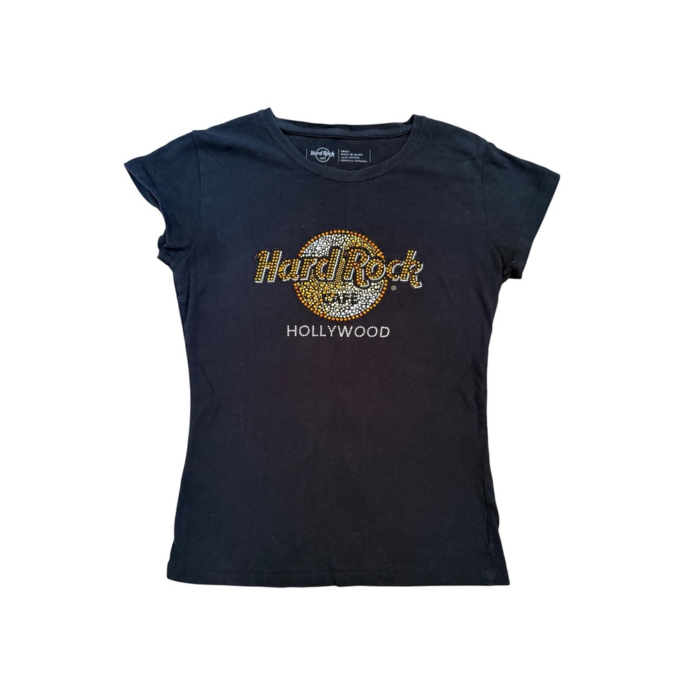 Hard Rock Cafe Hollywood Black Rhinestone Graphic Tee 100% Cotton Small